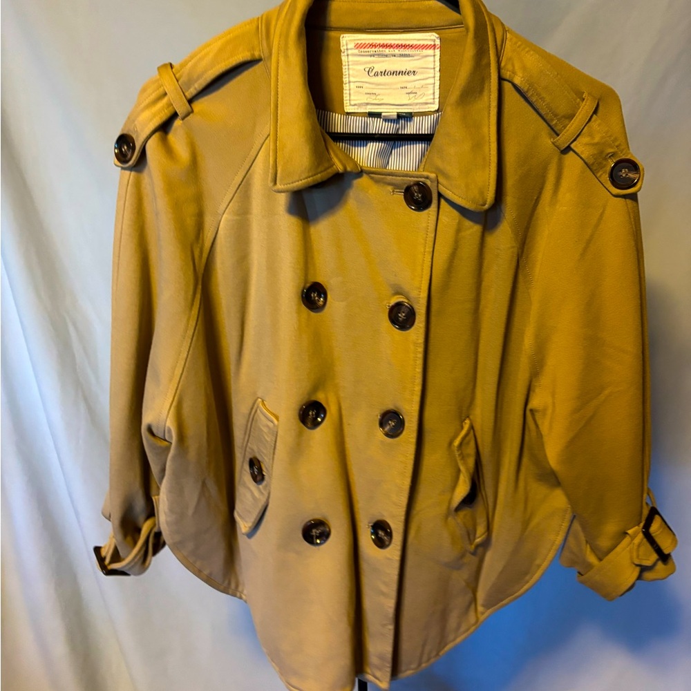 Cantonnier (Anthropologie) tan crop trench with buttons and arm belt details